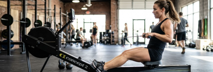 Woman rowing on a concept 2 rowing machine