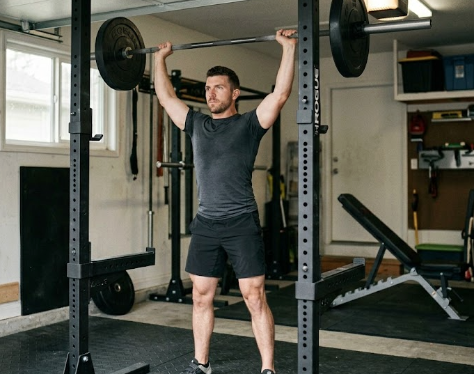 man doing an overhead press at home gym