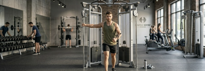 Man working out on a dual adjustable pulley machine