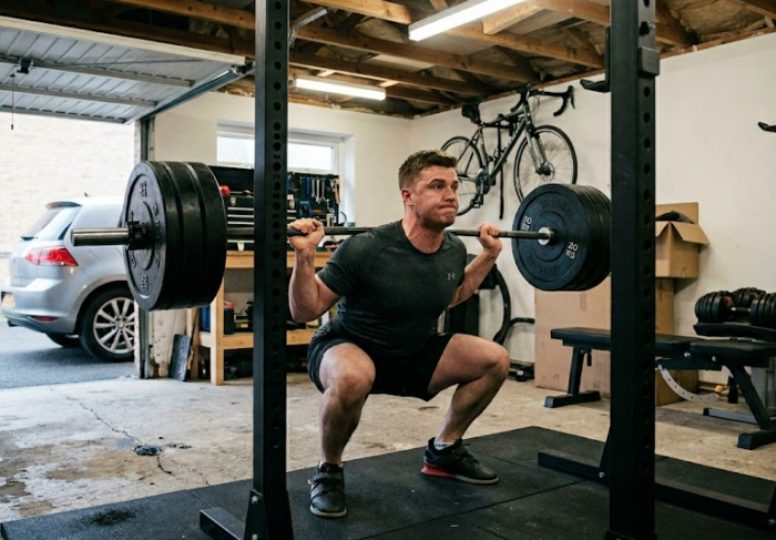 man performing a back squat in home gym