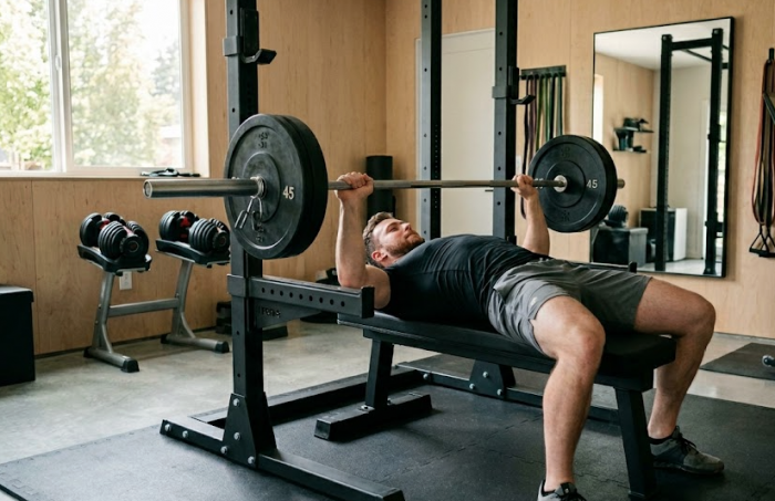 man doing bench press in home gym