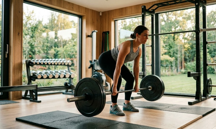 Woman doing a deadlift in home gym