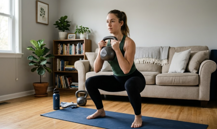 Woman doing a squat at home with a kettlebell