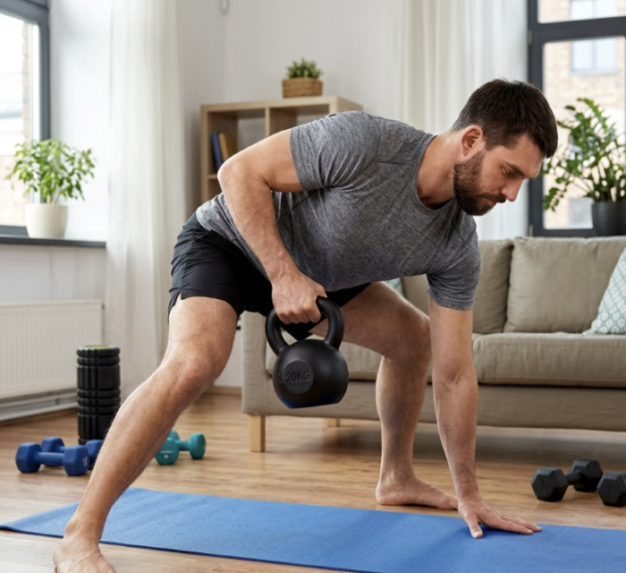 Man performing a gorilla row at home with a kettlebell