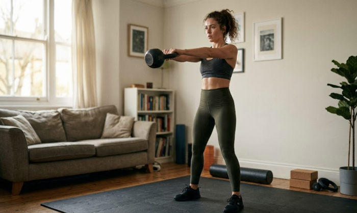 Woman doing a kettlebell swing in her living room