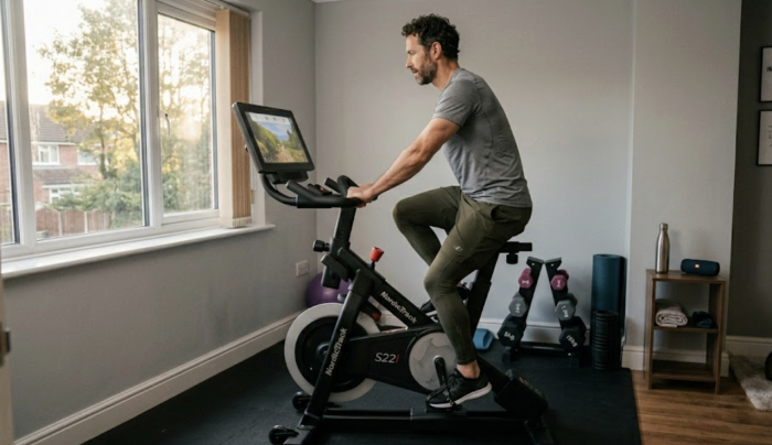Man working out on a bike in a home gym