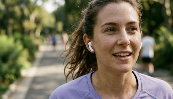 Close up of a woman running listening to music with a light sweat