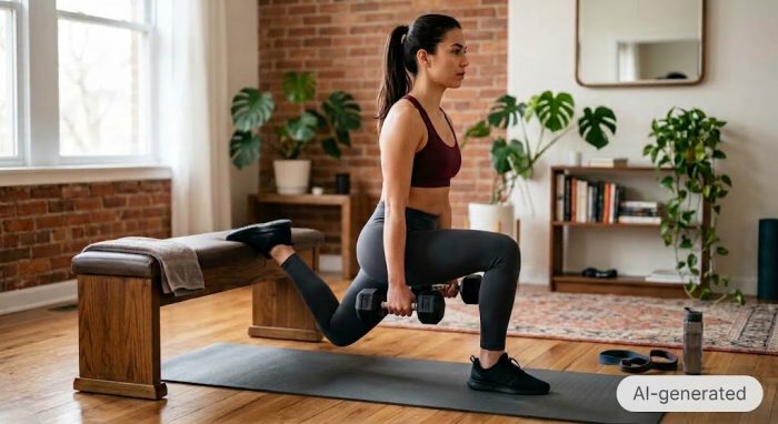 Woman doing a bulgarian split squat at home