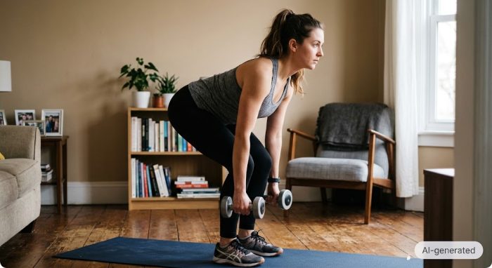 Woman doing a dumbbell RDL in her living room