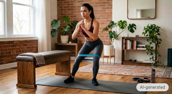 Woman doing banded lateral walks in her living room